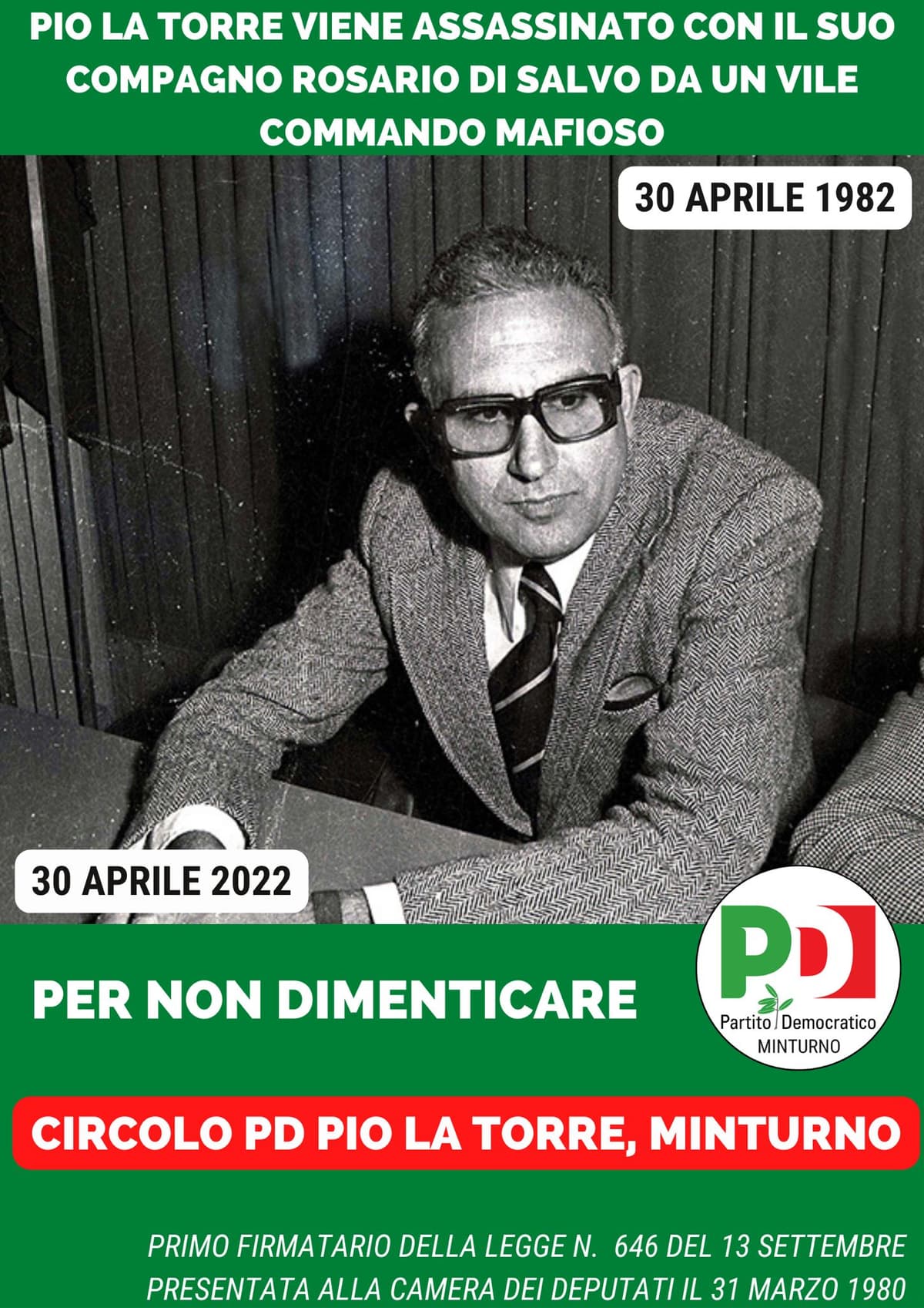 Minturno: Il PD ricorda l'anniversario dell'assassinio di Pio La Torre a cui è dedicata la sezione