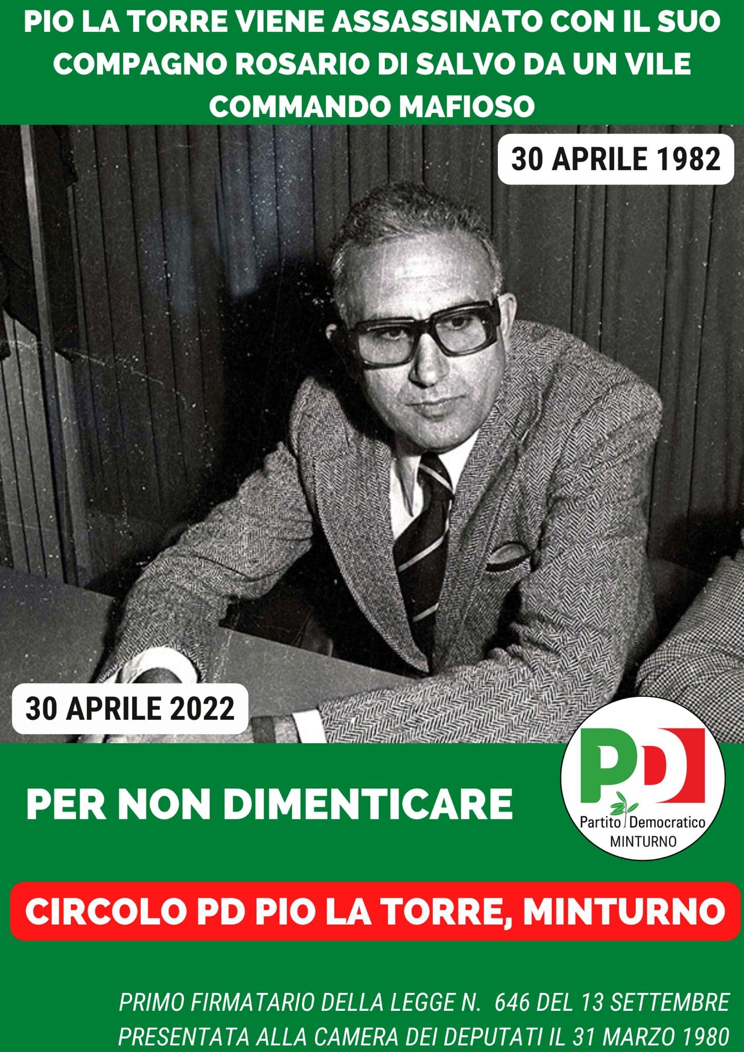 Minturno: Il PD ricorda l'anniversario dell'assassinio di Pio La Torre a cui è dedicata la sezione