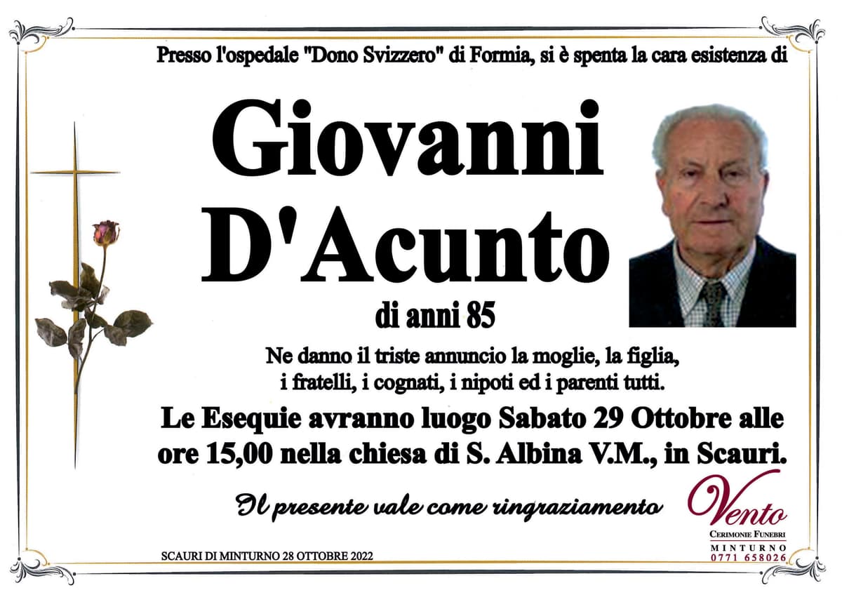 Scauri: Giovanni D'Acunto, personaggio noto e stimato, ci ha lasciati, sabato le esequie