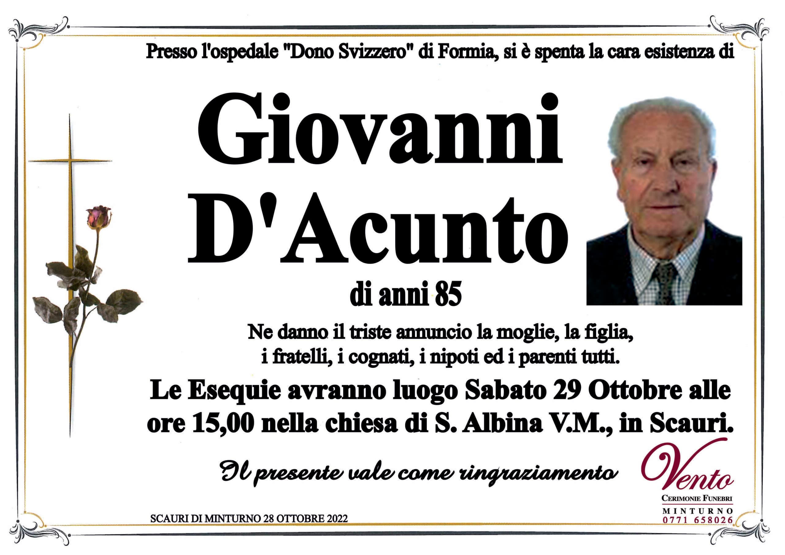 Scauri: Giovanni D'Acunto, personaggio noto e stimato, ci ha lasciati, sabato le esequie