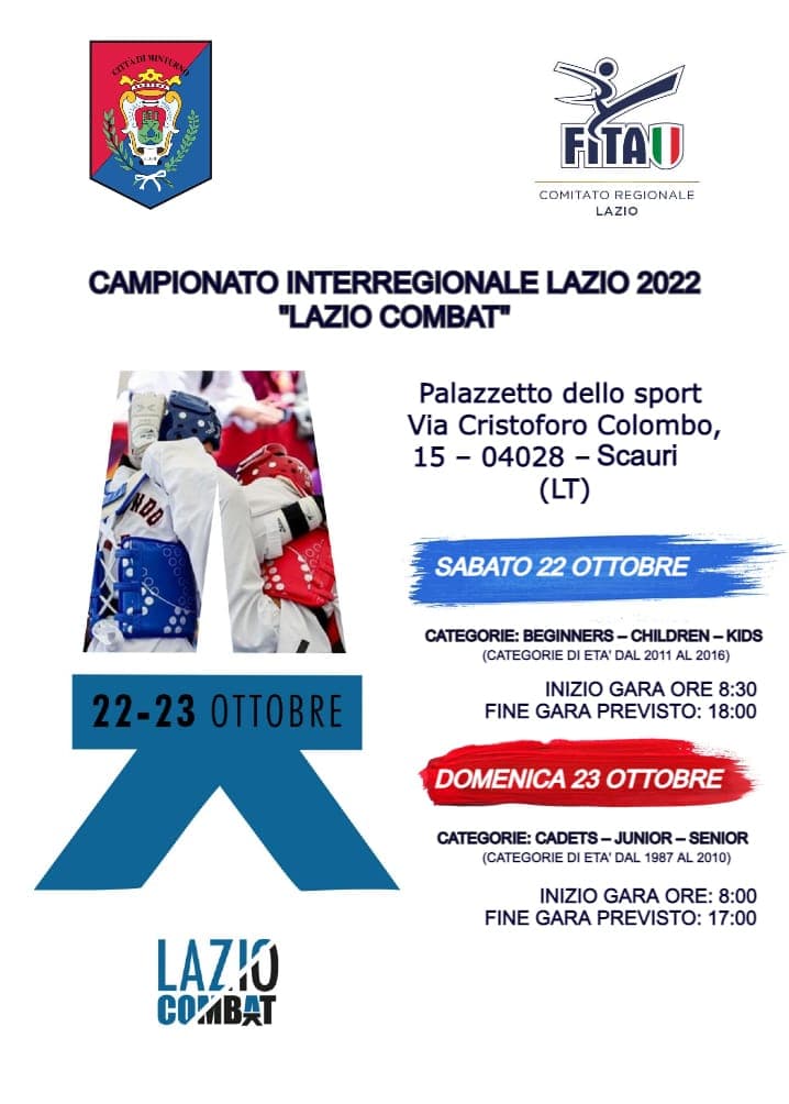 Taekwondo, “Lazio Combat” a Scauri presso il Palazzetto dello Sport sabato 22 e domenica 23 ottobre.