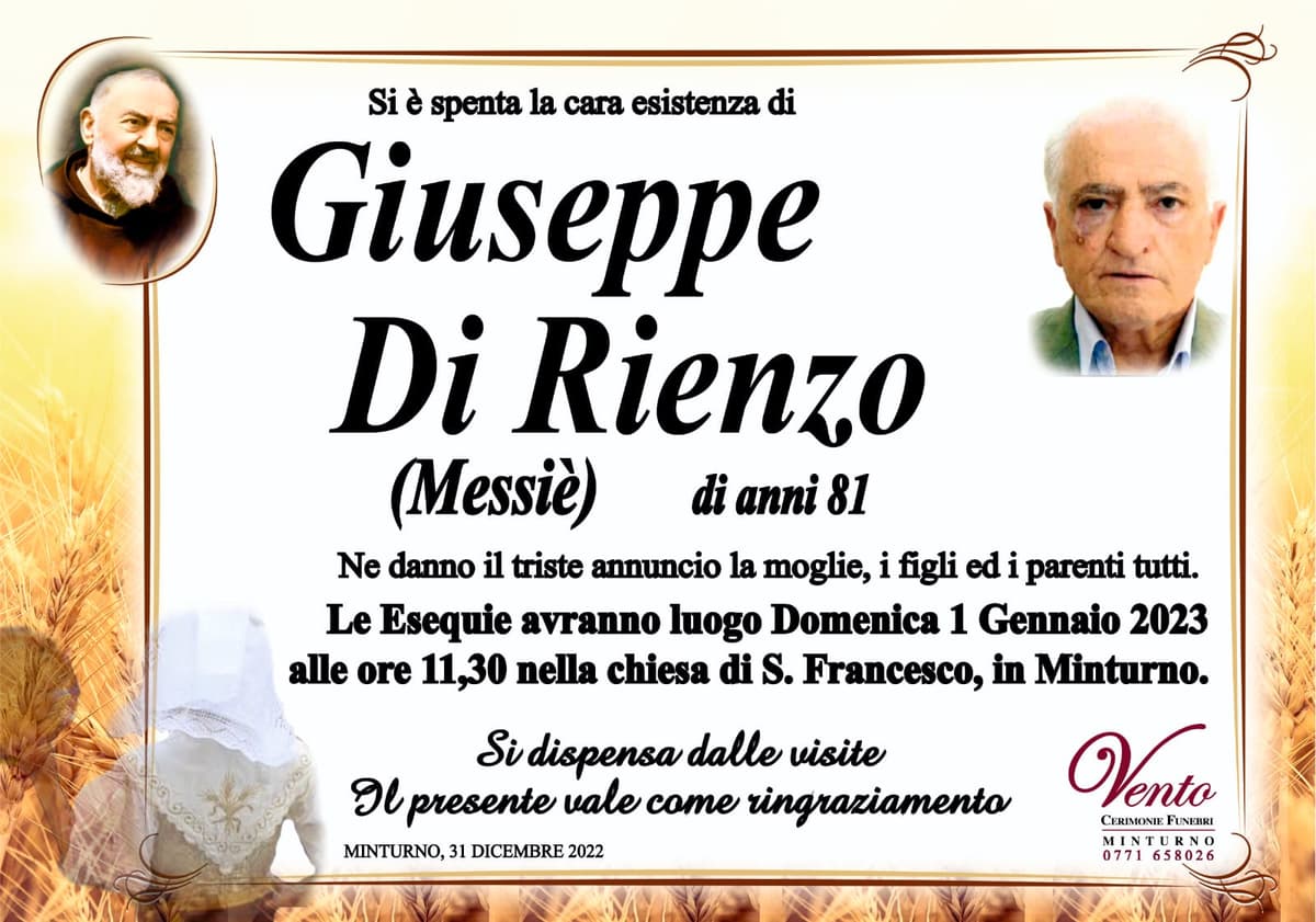 Minturno: Addio a Giuseppe Di Rienzo, detto Messiè, le esequie a San Francesco