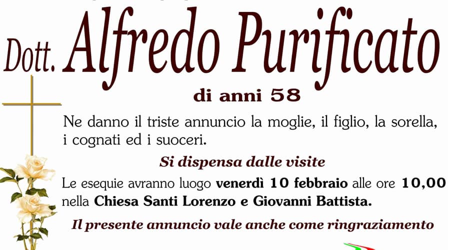 Grave perdita a Formia. E' deceduto il Dott. Alfredo Purificato