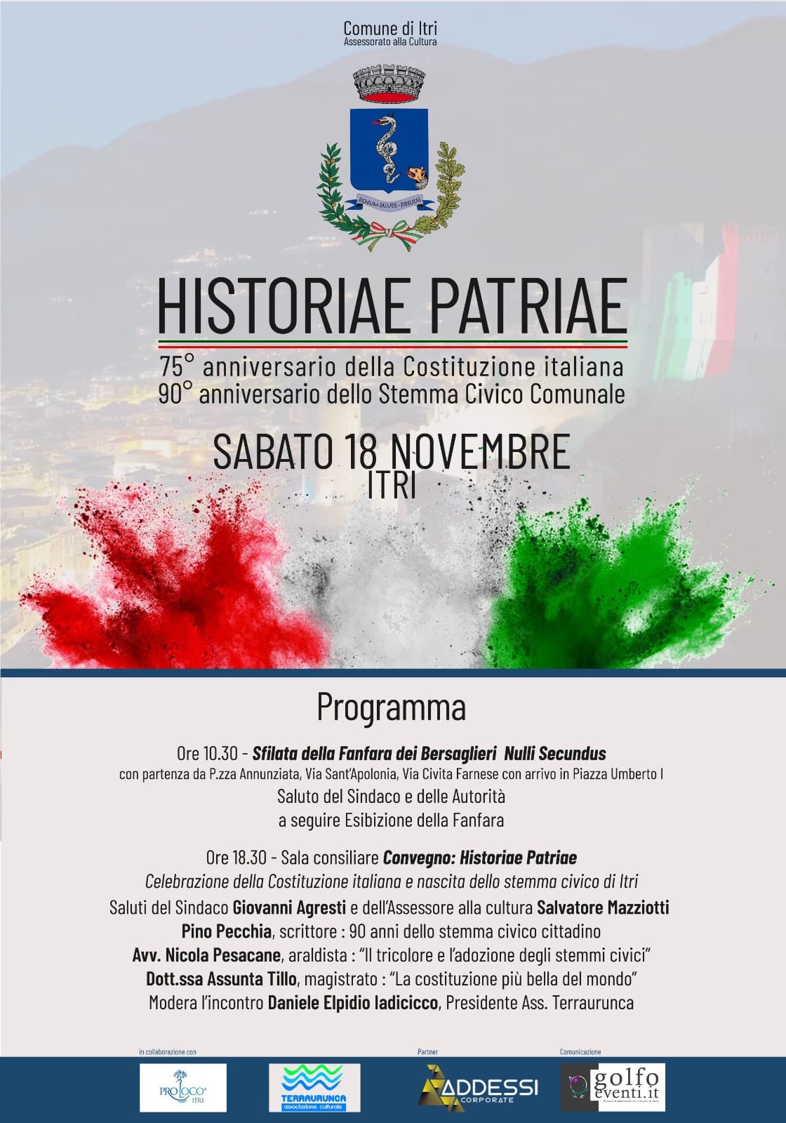 "Historiae Patriae", Comune di Itri, Assessorato alla Cultura, sabato 18 novembre ore 10:30 e ore 18:30.