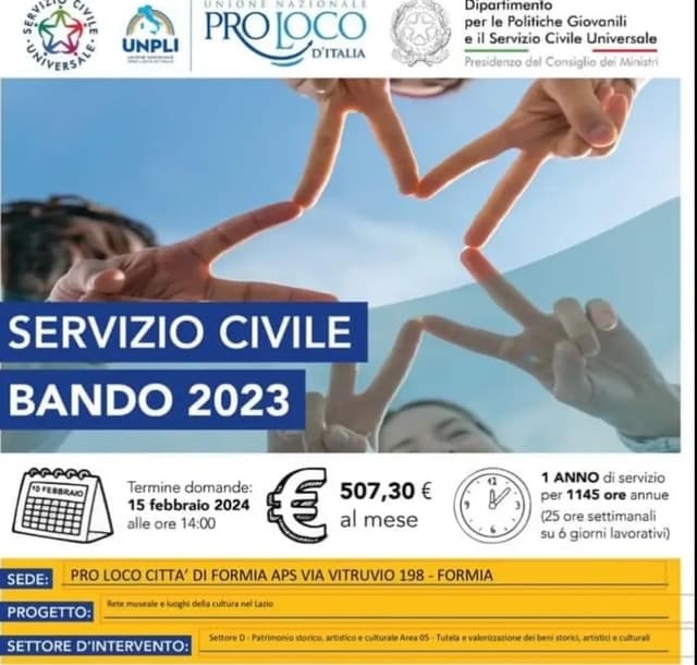Pro Loco Città di Formia: in scadenza il 15 febbraio il bando per il Servizio Civile Universale