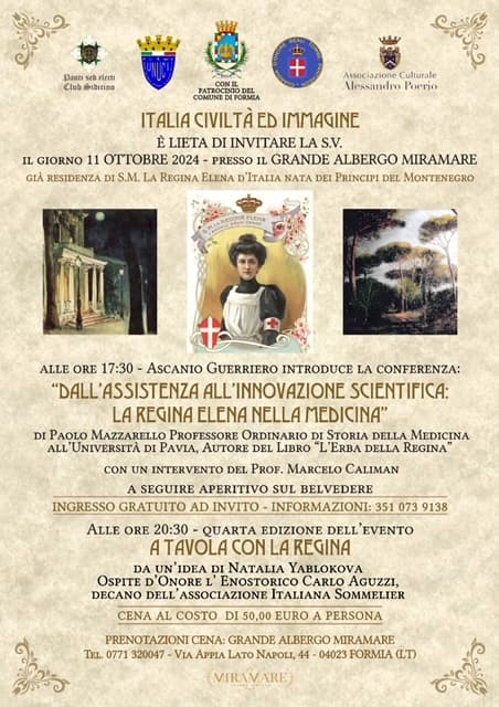 Formia, "Dall'assistenza alla innovazione scientifica: La Regina Elena nella Medicina". Grande Albergo Miramare, 11 ottobre alle ore 17:30.