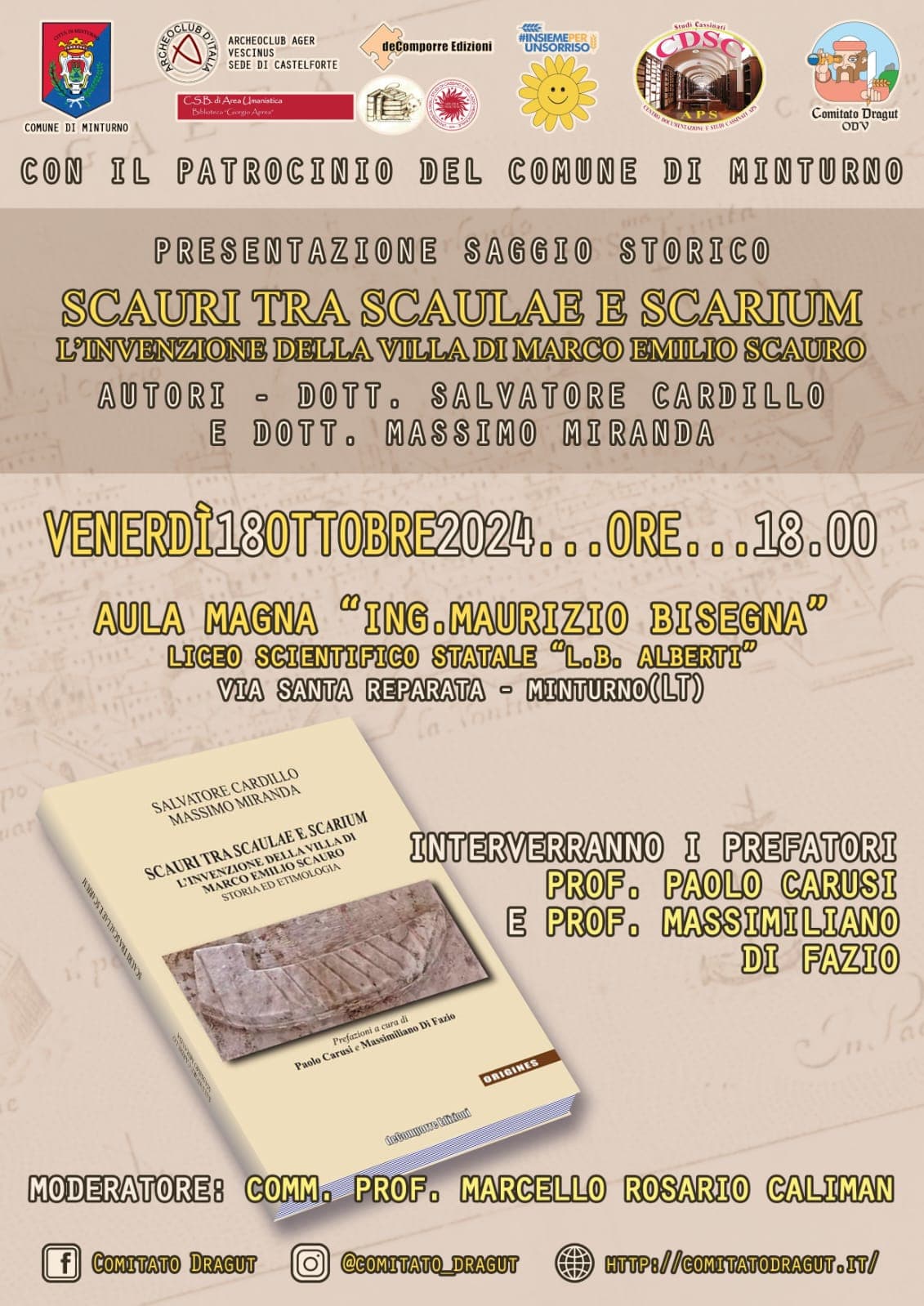 "Scauri tra Scaulae e Scarium" presentazione libro al Liceo scientifico "Leon Battista Alberti" di Minturno, 18 ottobre alle 18:00.