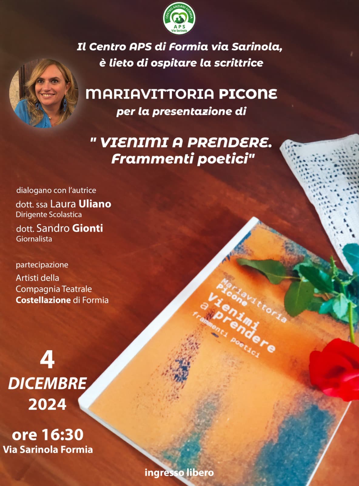 Formia, 4 dicembre, Centro APS di via Sarinola: "Vienimi a prendere" di Mariavittoria Picone, ore 16:30.