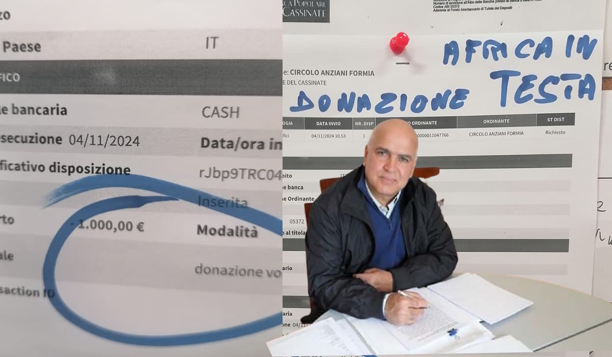 Circolo Anziani Formia, Augusto Ciccolella: donati 1.000 euro all'associazione Africa in Testa