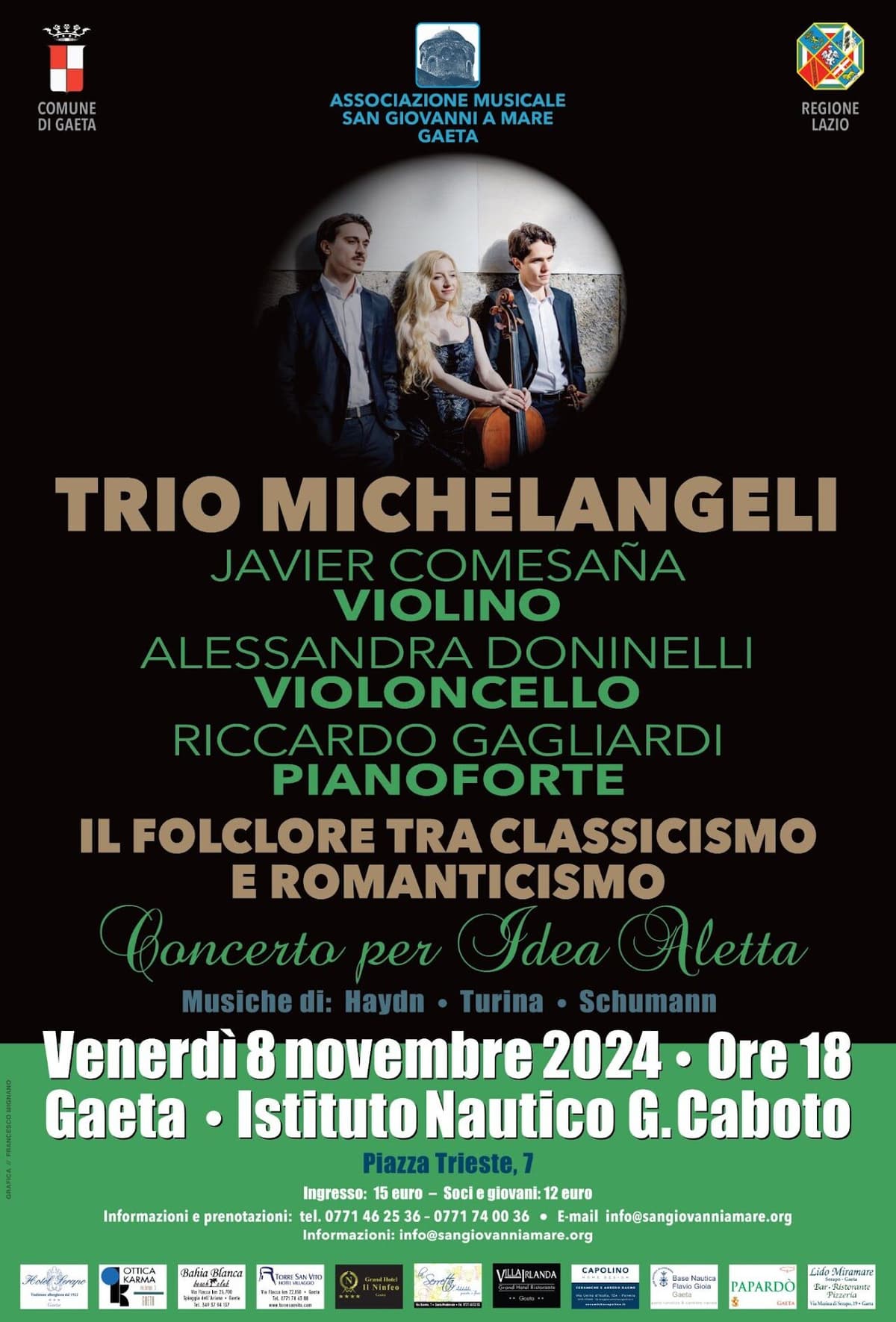 Gaeta, Istituto Caboto: Concerto in memoria di Idea Aletta col Trio Michelangeli, "Il folclore tra Classicismo e Romanticismo". Venerdì 8 novembre, ore 18:00.