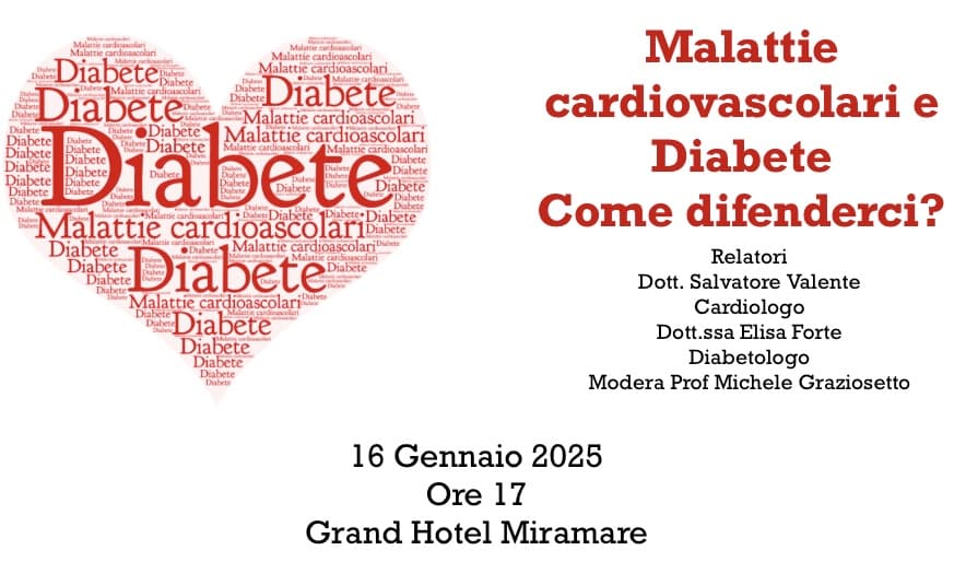 Formia, "Malattie cardiovascolari e diabete. Come possiamo difenderci?" Relatori: Elisa Forte e Rino Valente. Giovedì 16 gennaio ore 17:00, GA Miramare. Introduce e modera Michele Graziosetto.