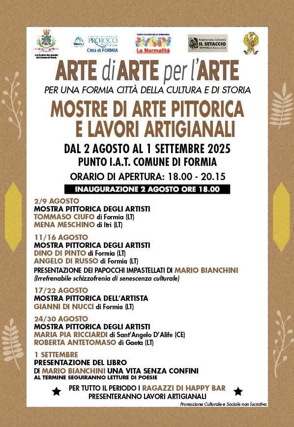 Formia: "Arte di Arte per l'Arte", al punto IAT del Palazzo Comunale dal 2 agosto al 1 settembre
