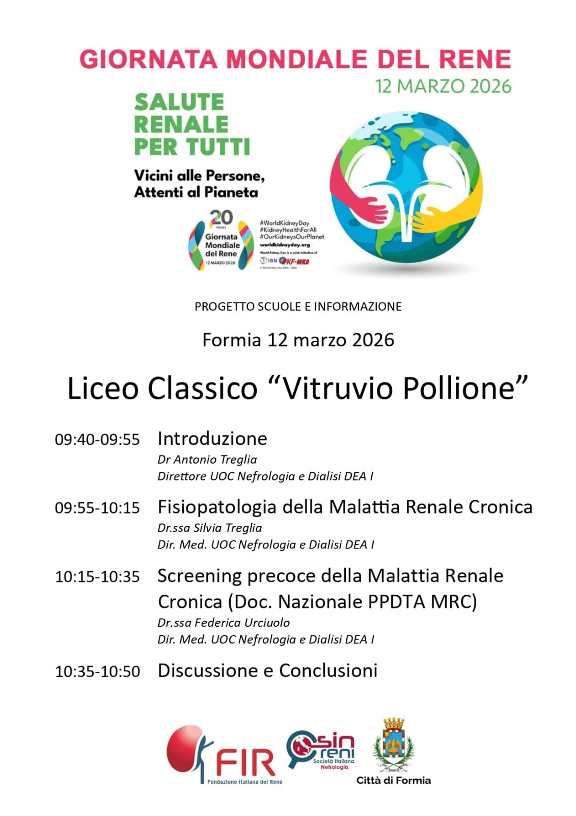 Formia: Giornata Mondiale del Rene. Liceo classico "Vitruvio Pollione", 12 marzo, h:9:40.