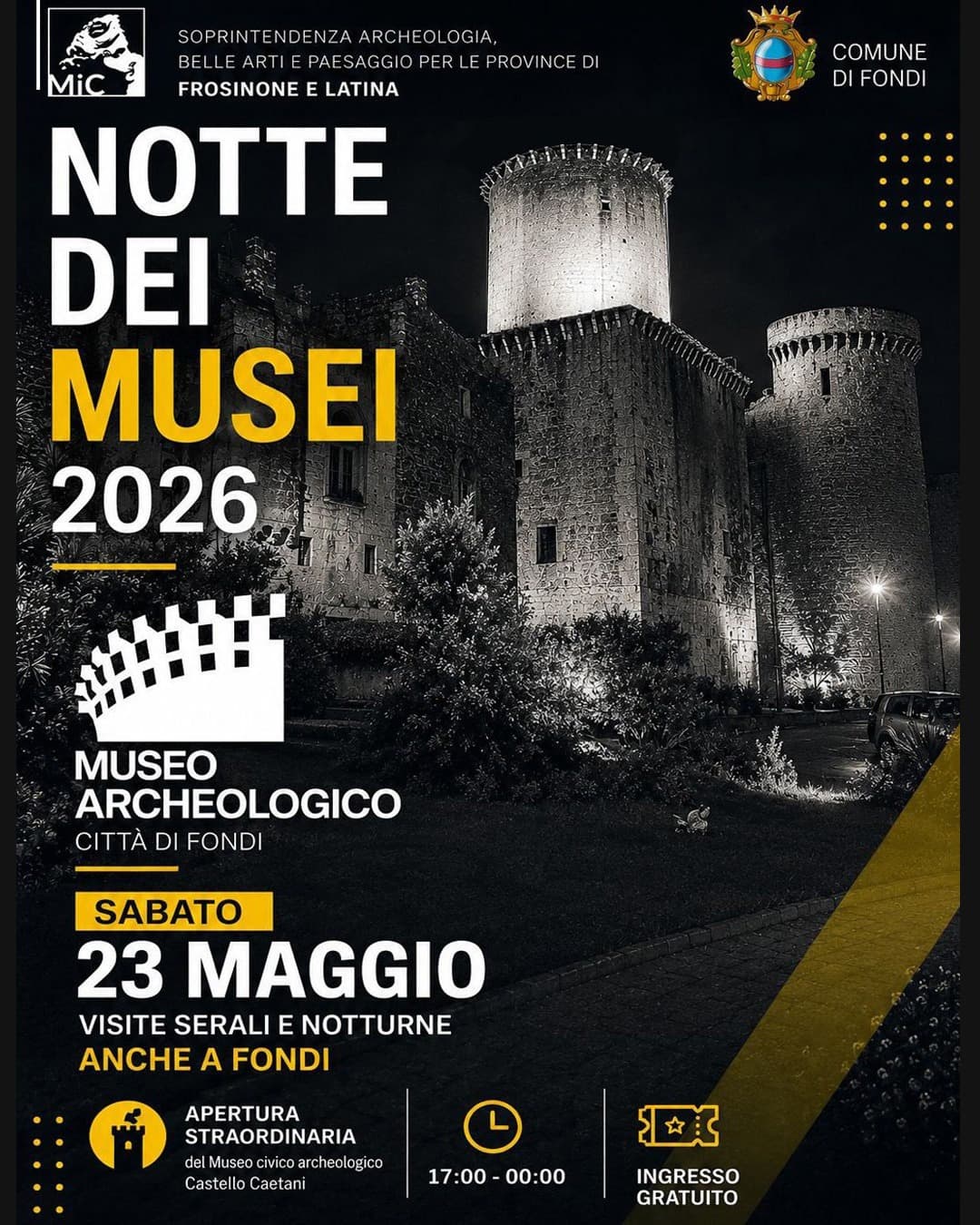 La Notte dei Musei tocca anche Fondi. Sabato 23 maggio porte del Castello aperte e ingresso gratuito
