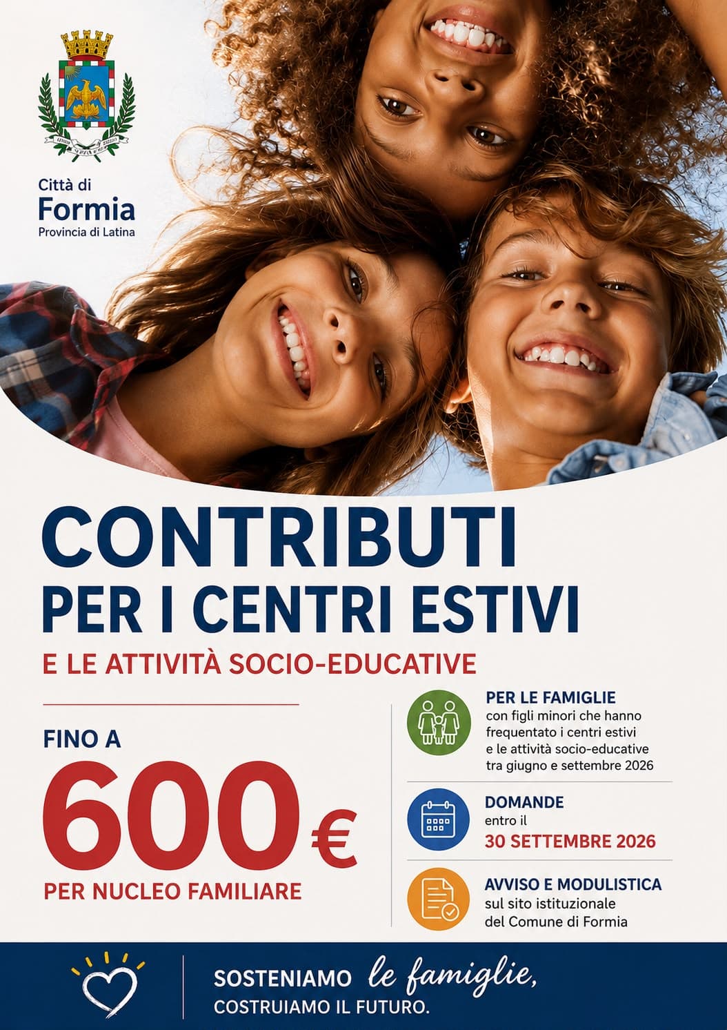 Formia - Fino a 600€ per nucleo familiare. Contributi per i Centri Estivi e le attività socio educative