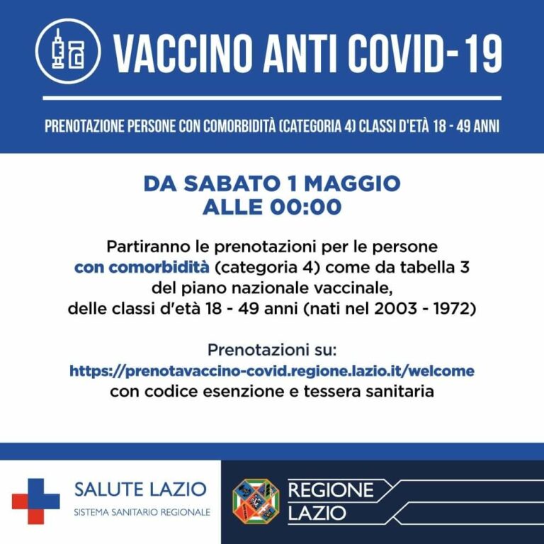 Vaccini anti-covid: dalle 00.00 del 1 maggio avvio delle prenotazioni dai 18 anni con comorbidità