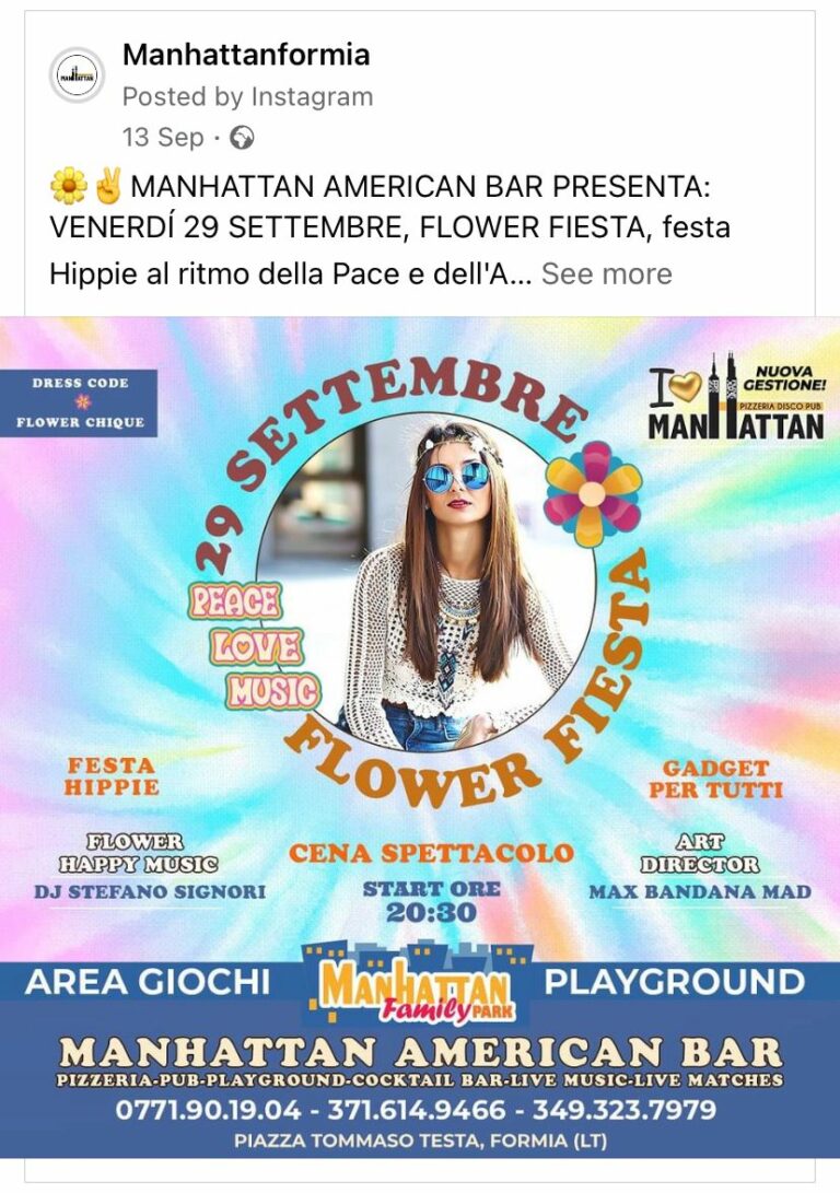 Formia: Flower Fiesta al Manhattan, la festa hippie più bella di sempre con cena spettacolo venerdì 29 settembre