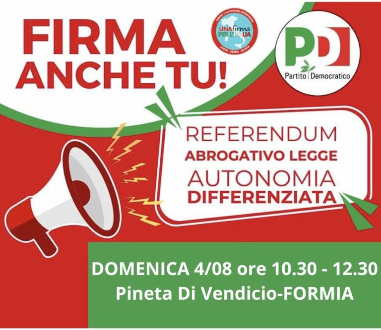 Partito Democratico di Formia: Banchetti per la Raccolta Firme sul Referendum contro l’Autonomia Differenziata